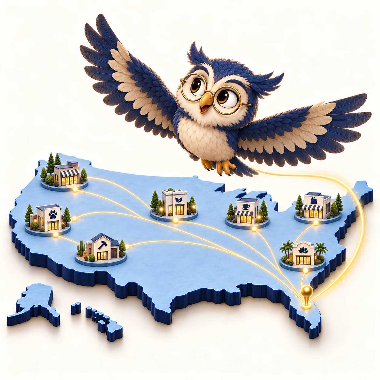Wingman owl flying over a miniature United States, with gold paths connecting Florida to local businesses across the country.