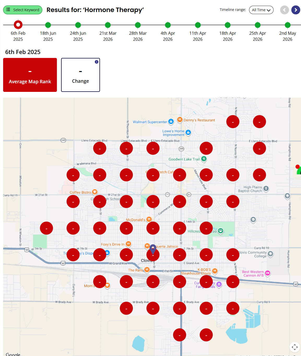 Hormone therapy ranking scan dated February 6, 2025, with dash markers across the map.